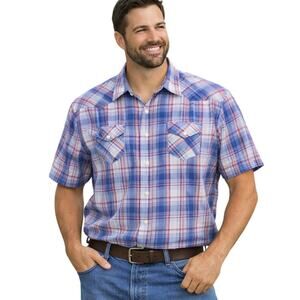 Panhandle Men's Western Pearl Snap Plaid Shirt XXL Short Sleeve Blue Red White